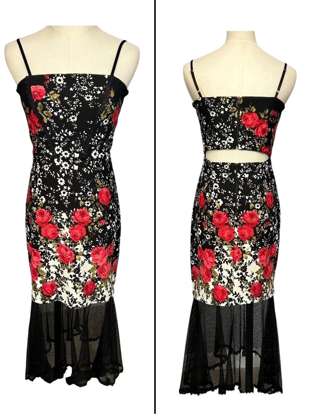 VTG Y2K Floral Lace Mesh Mermaid Cut Out Midi Dress Black Red Rose Sleeveless XS